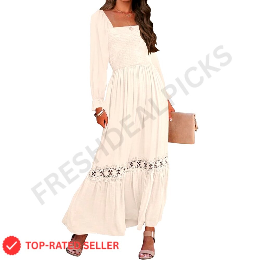 Boho Maxi Dress Long Sleeve Square Neck Smocked High Waist Flowy Lace Trim - Picture 1 of 7